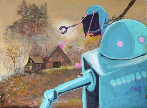 Blue Robots Assail the Farmhouse