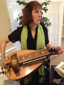 Leah Trent holds her beautiful vielle/hurdy-gurdy